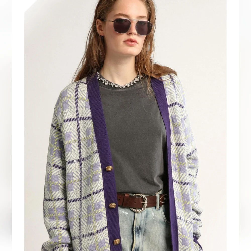 Golden Goose Sequin Embellished Plaid Wool Blend Cardigan Multicolor - Picture 2 of 13